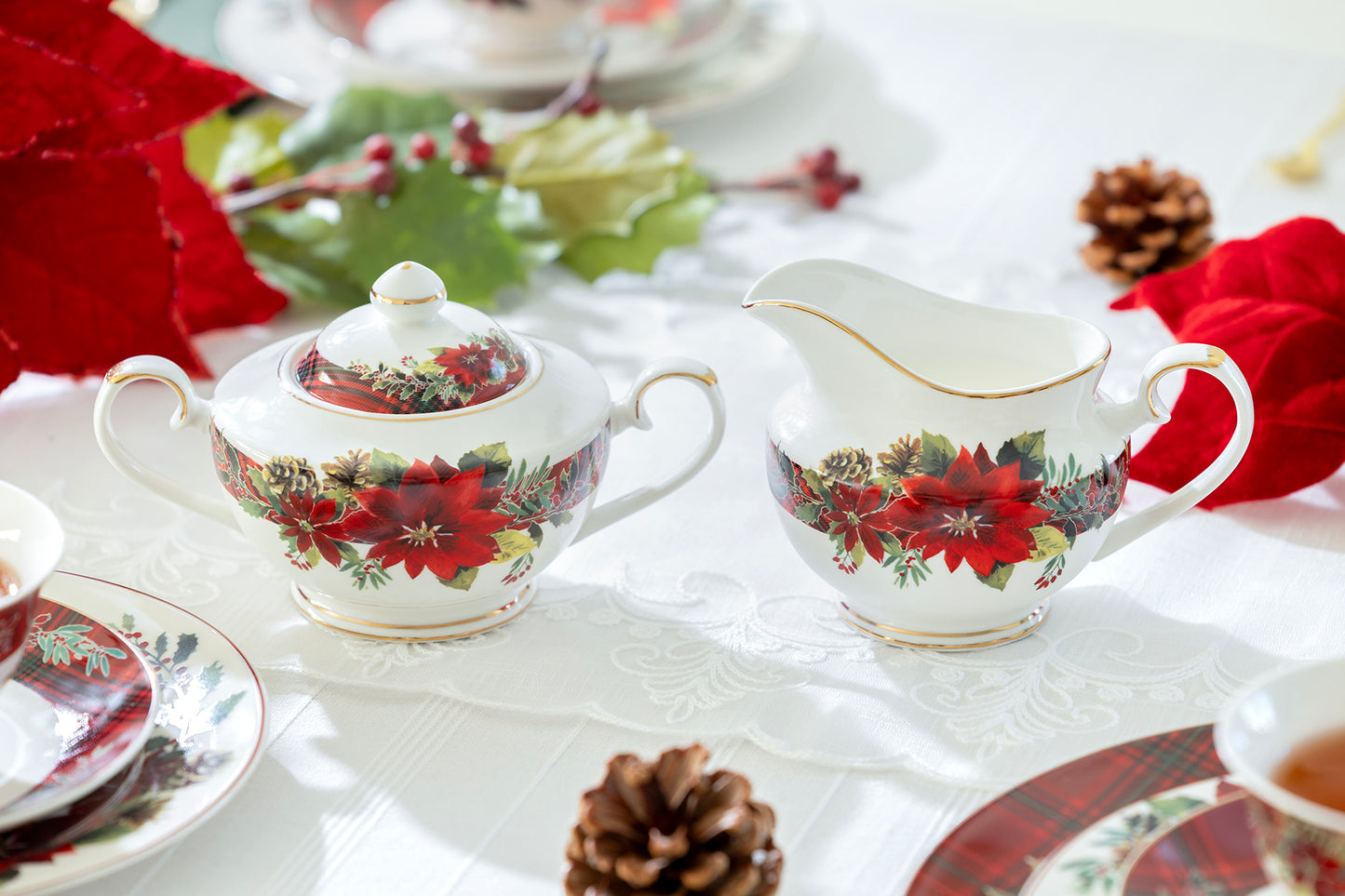Poinsettia Pine Cone Fine Porcelain Tea Set