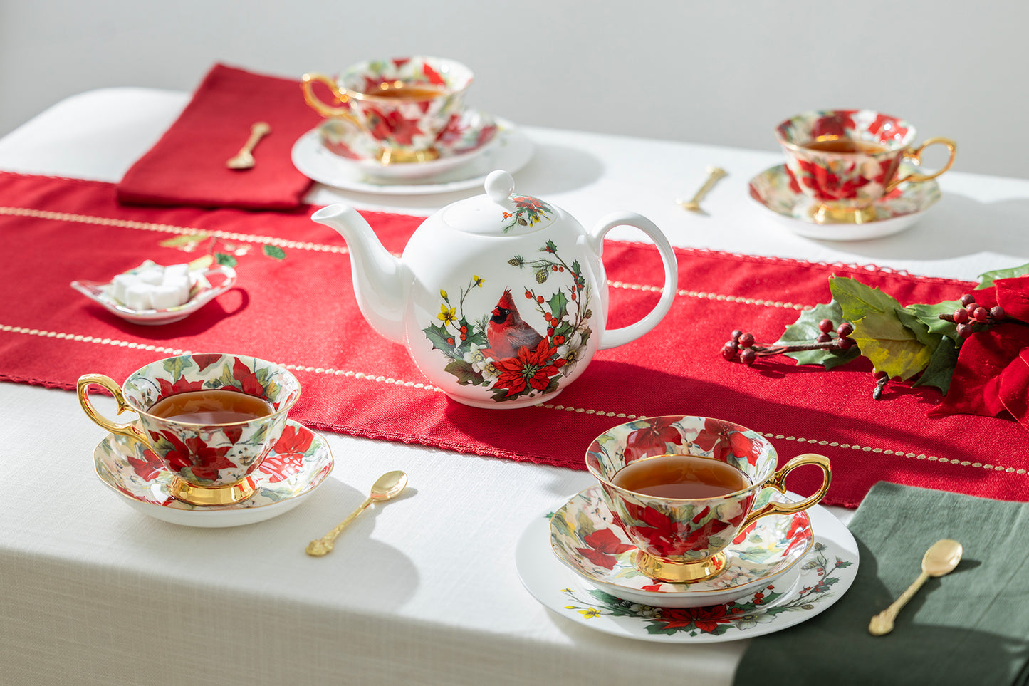 Gracie Bone China Cardinal Poinsettia Gold 9-piece Tea Set