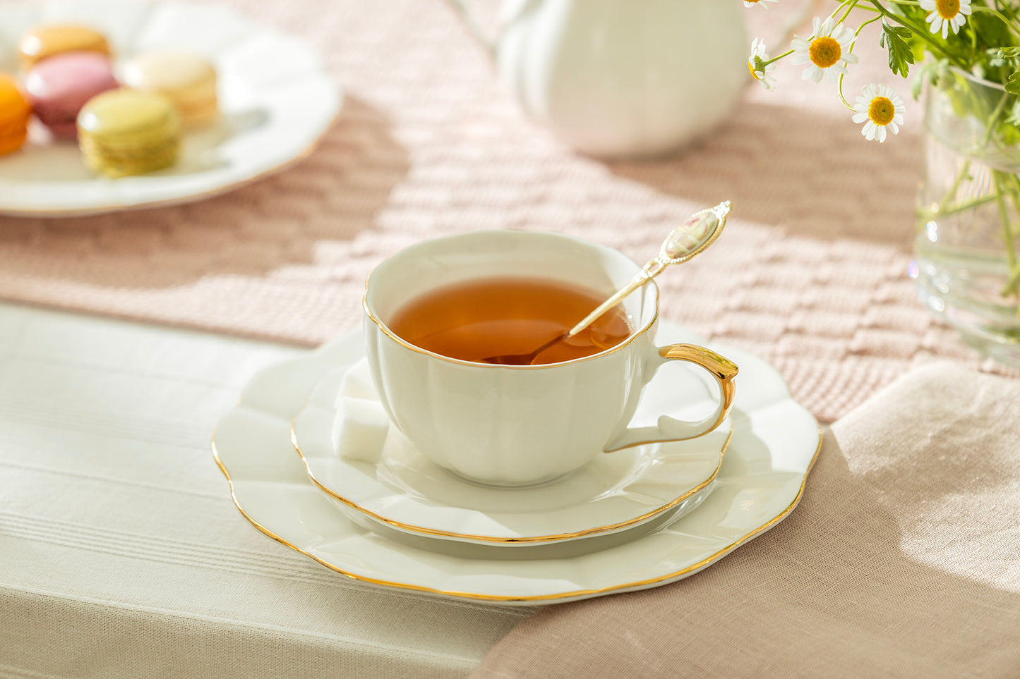 White Gold Scallop Fine Porcelain Tea / Latte Cup and Saucer