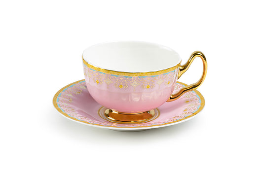 Pink Floral Toile Fine Porcelain Tea Cup and Saucer