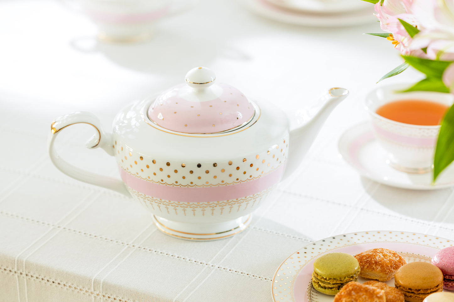 Pink Stripe with Gold Dots Fine Porcelain Teapot