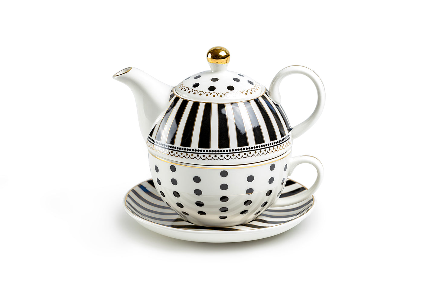 Black Josephine Stripes and Dots Fine Porcelain Tea For One Set