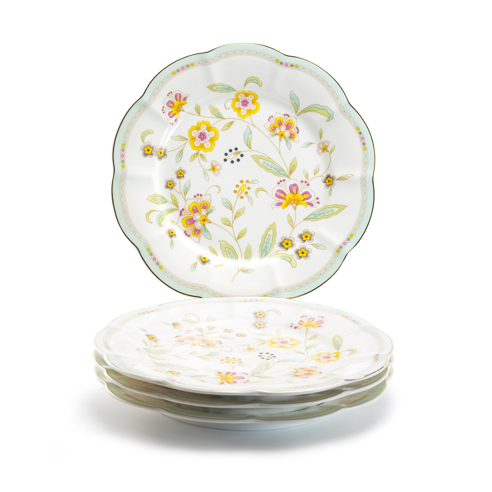 Grace Teaware Yellow Corn Flowers with Mint Rim Fine Porcelain Dinner Plate set of 4