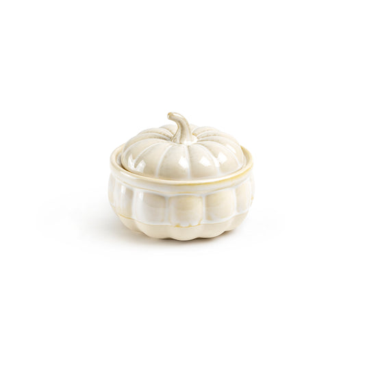 White Pumpkin Figural Reactive Glaze Bowl with Lid