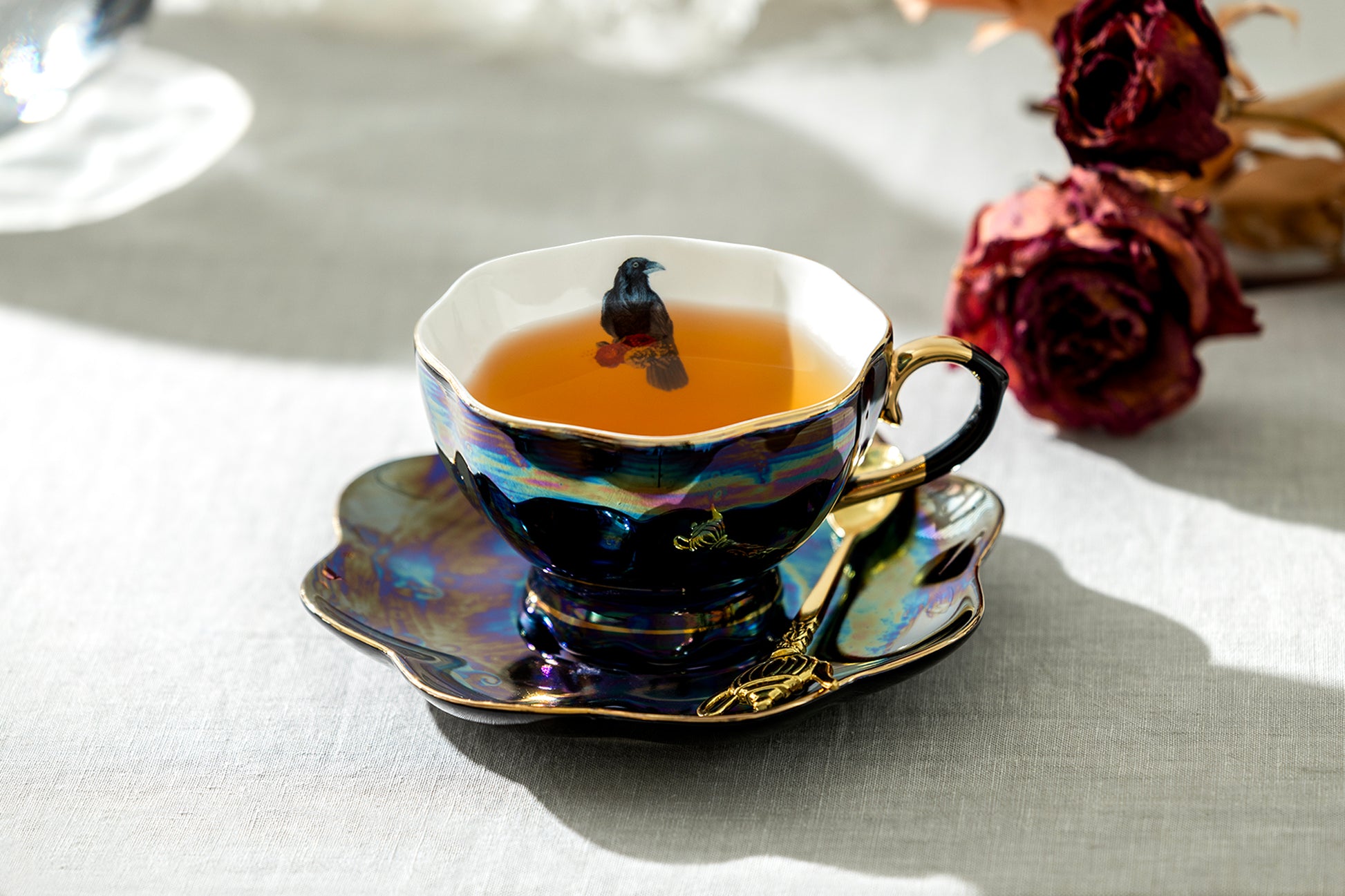 Grace Teaware crow raven with roses luster tea cup