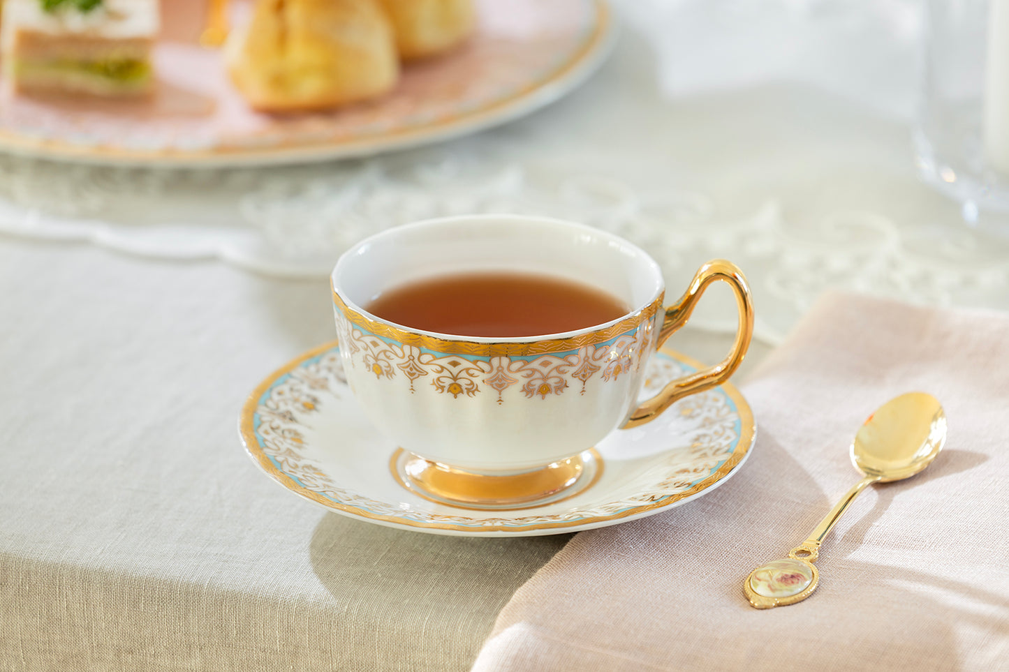 White Floral Toile Fine Porcelain Tea Cup and Saucer