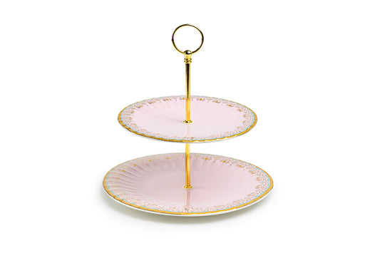 Pink Floral Toile Fine Porcelain 2-Tier Server