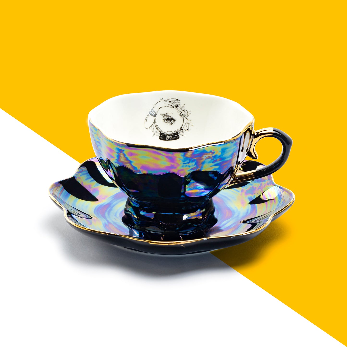 Grace Teaware Witchy Crystal Ball Black Gold Luster Tea Cup and Saucer