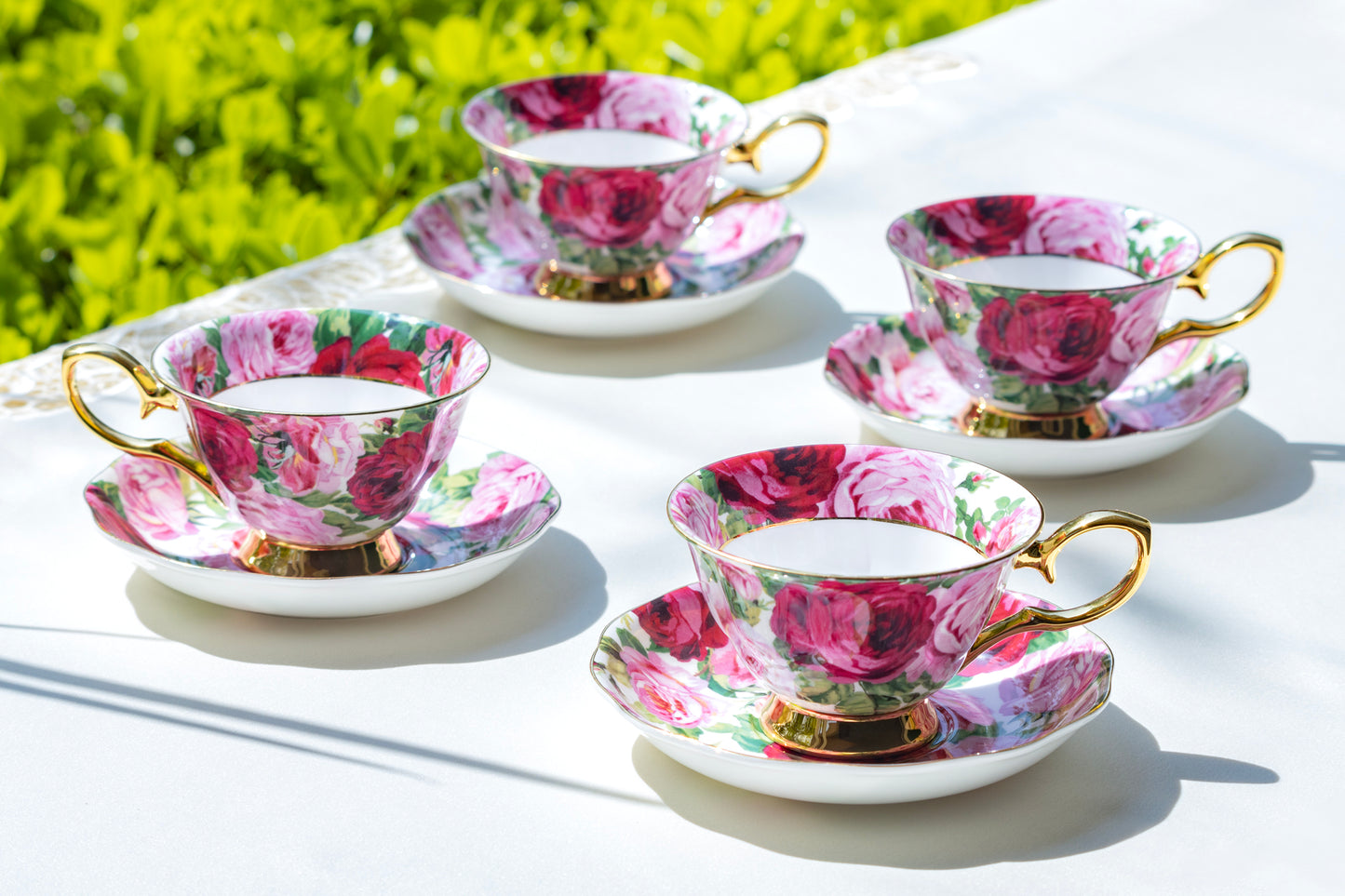 Stechcol Gracie Bone China Rose Bloom Gold Bone China Tea Cup and Saucer set of 4