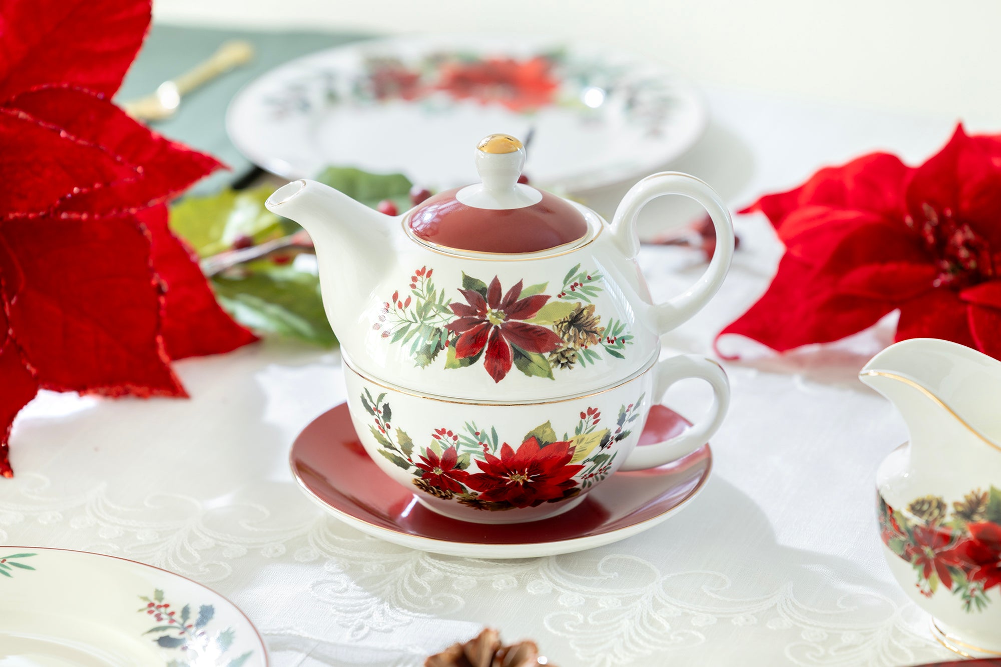 Grace Teaware Poinsettia Pine Cone Fine Porcelain Tea For One Set