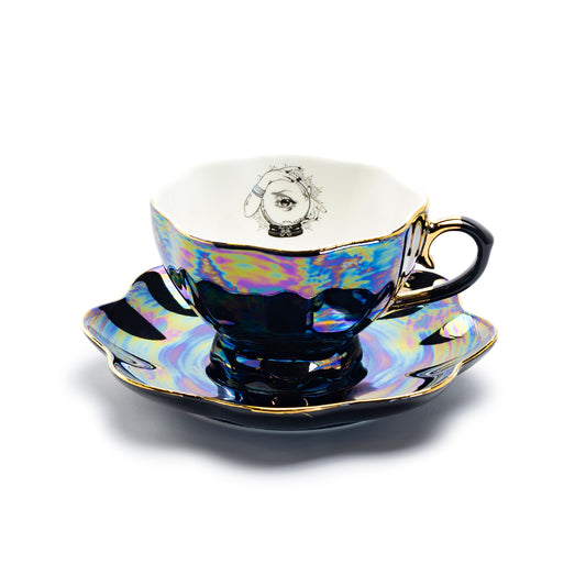 Grace Teaware Witchy Crystal Ball Black Gold Luster Tea Cup and Saucer