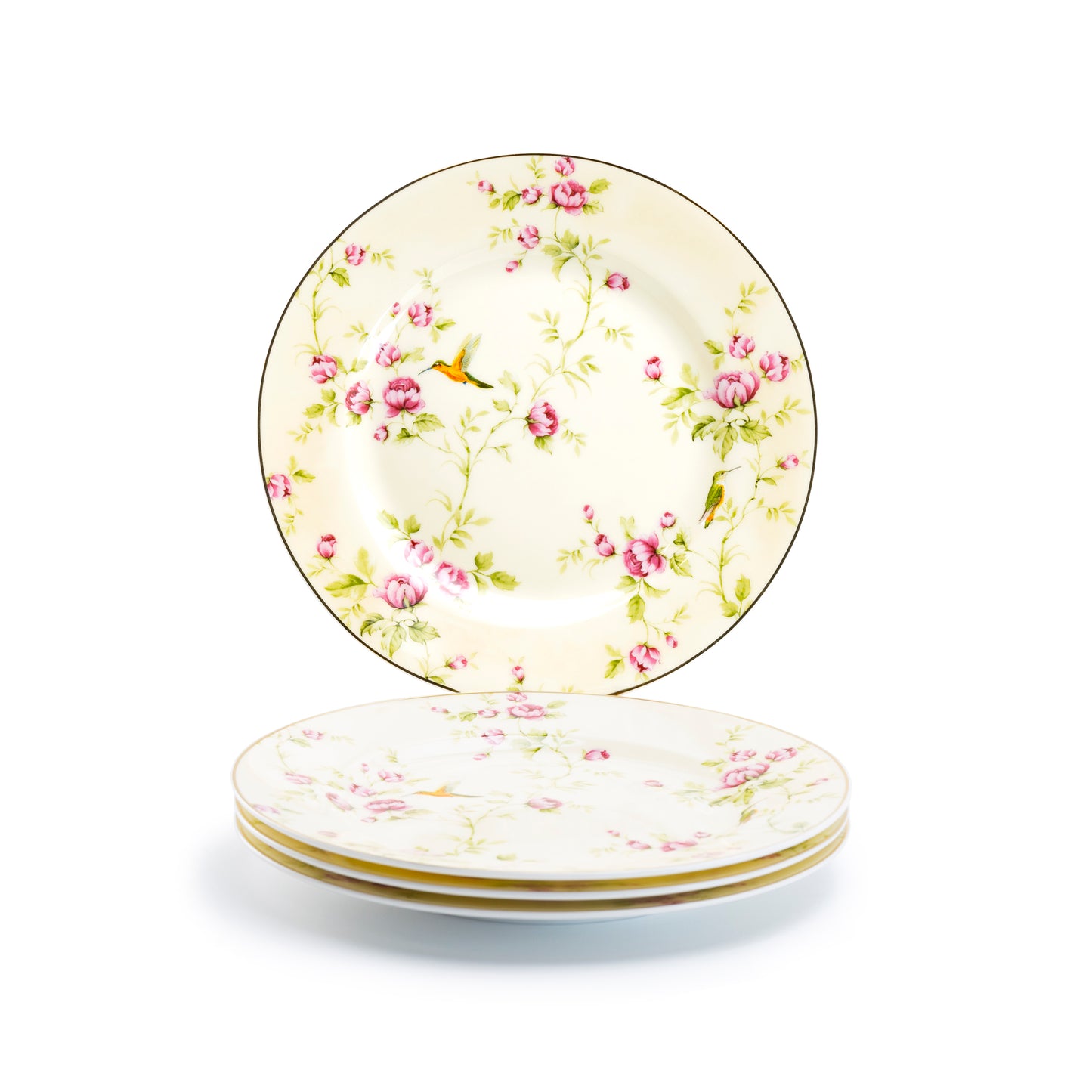 Gracie Bone China 8" Rose Bud with Hummingbird Yellow Bone China Dessert Plate set of 4