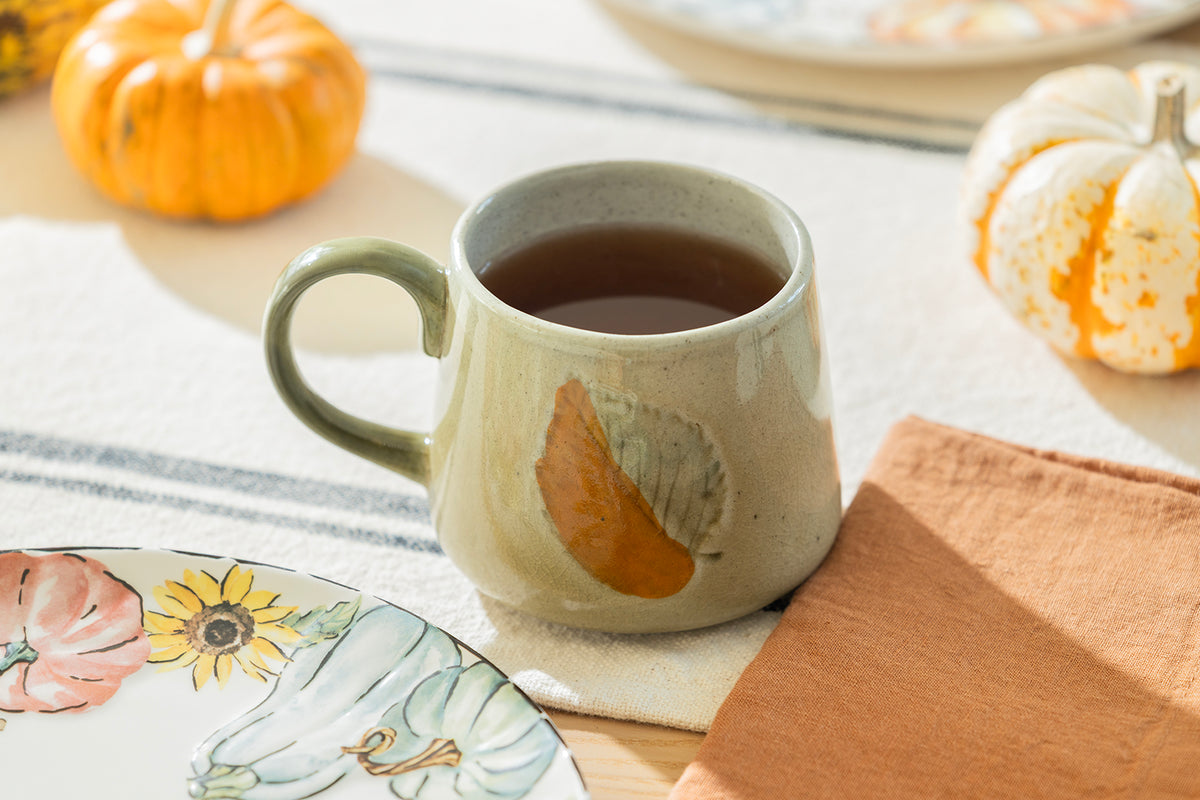 Pressed Fall Leaves Crackle Glazed Mug