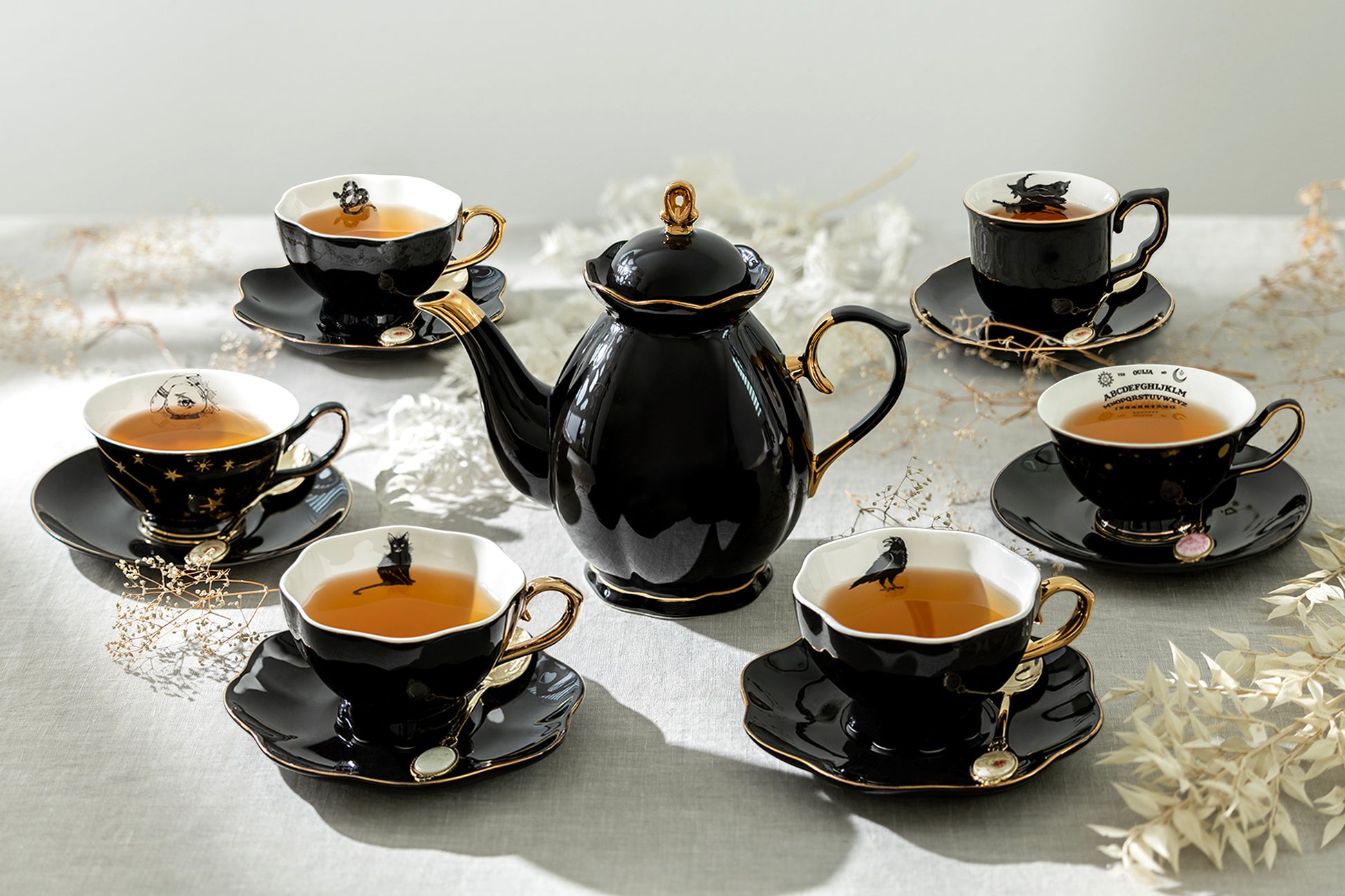 Grace Teaware Halloween Tea Set raven crow whitch snake spider fortune teller ouija board black gold tea cups set