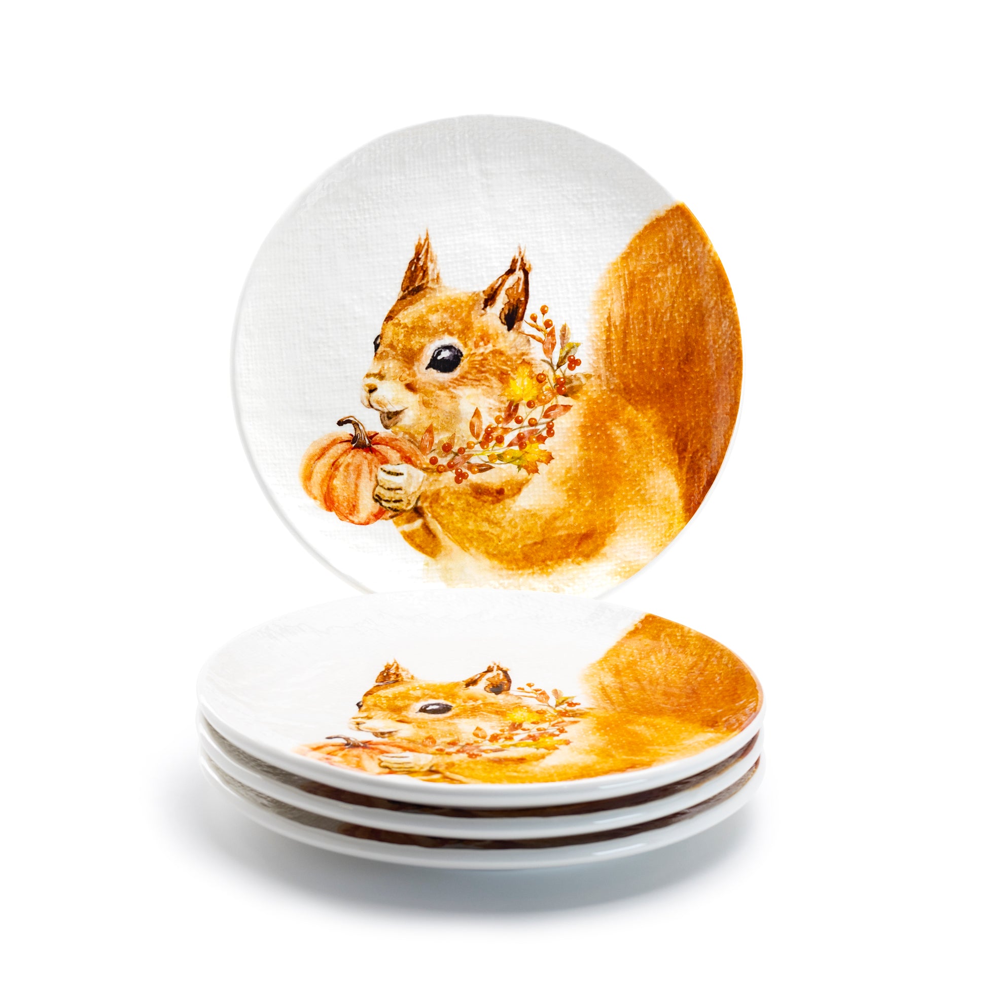 Potter's Studio 8.5" Fall Happy Squirrel Salad / Dessert Plate set of 4