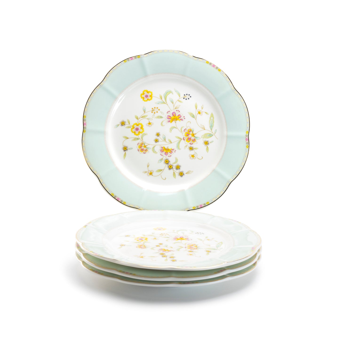 Grace Teaware Yellow Corn Flowers with Mint Rim Fine Porcelain Dessert Plate set of 4