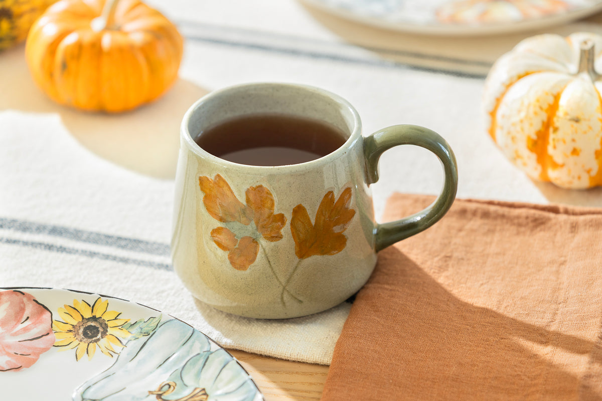 Pressed Fall Leaves Crackle Glazed Mug