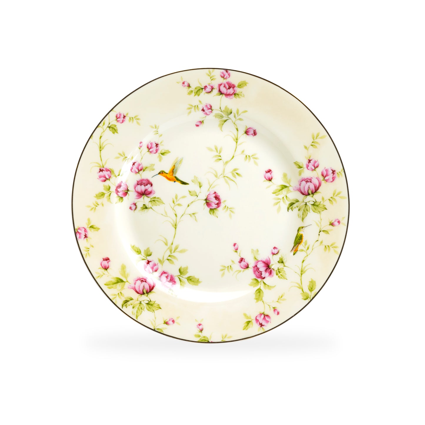 Gracie Bone China 8" Rose Bud with Hummingbird Yellow Bone China Dessert Plate