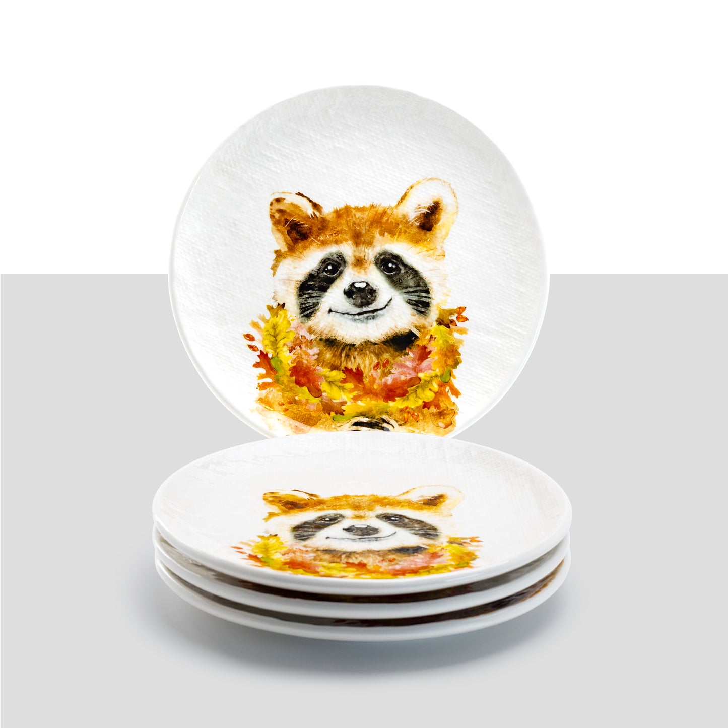 Potter's Studio 8.5" Happy Raccoon Salad / Dessert Plate set of 4