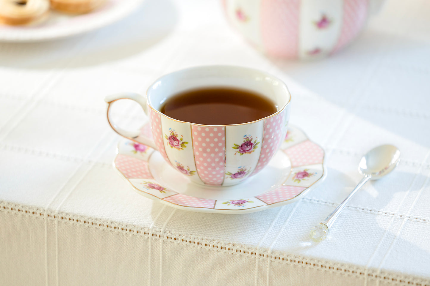 Pink Polka Dot Rosebud Scallop Fine Porcelain Tea Cup and Saucer