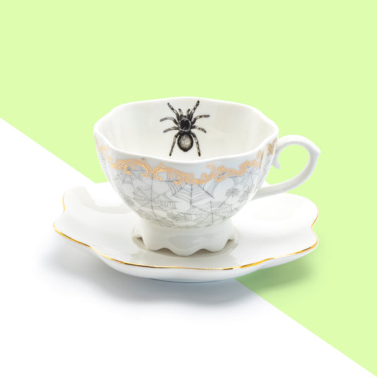Grace Teaware Spider Web White Gold Scallop Fine Porcelain Tea Cup and Saucer