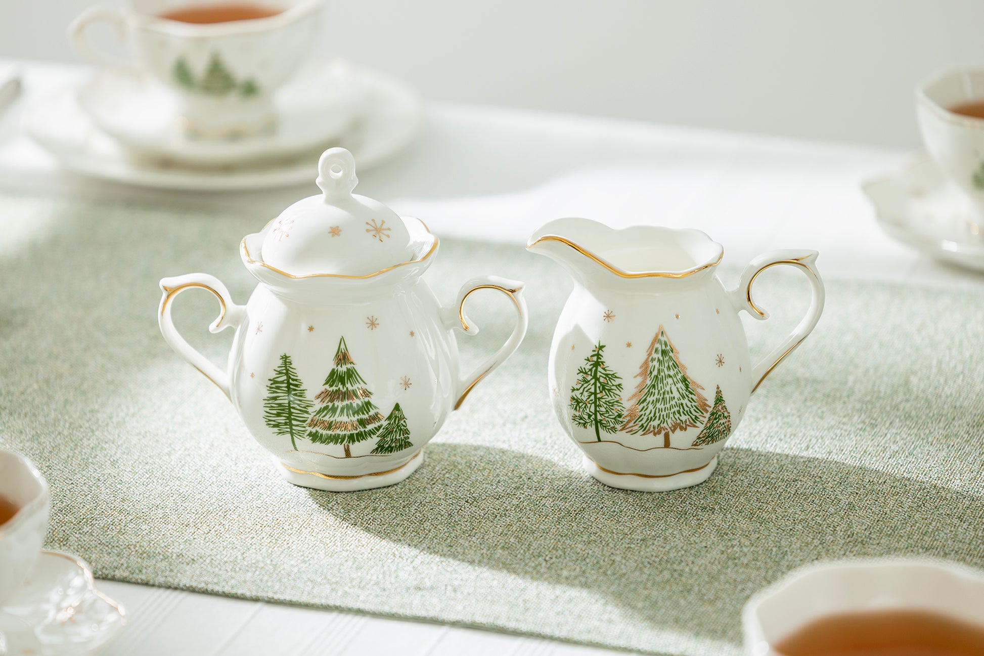 Grace Teaware Holiday Christmas Pine Trees Fine Porcelain Sugar & Creamer Set