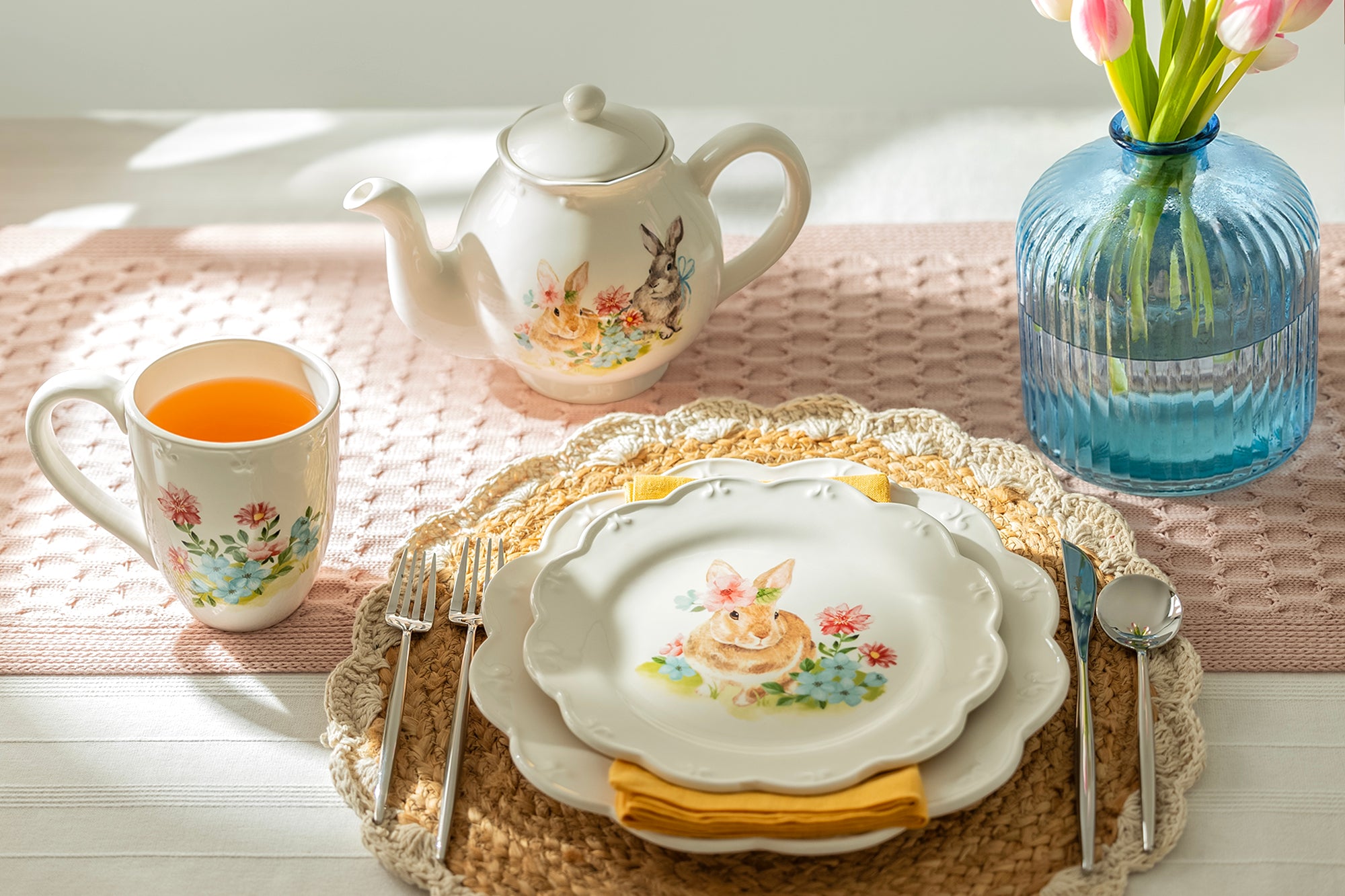 Flower Bunny Scallop Teapot + Mug Set