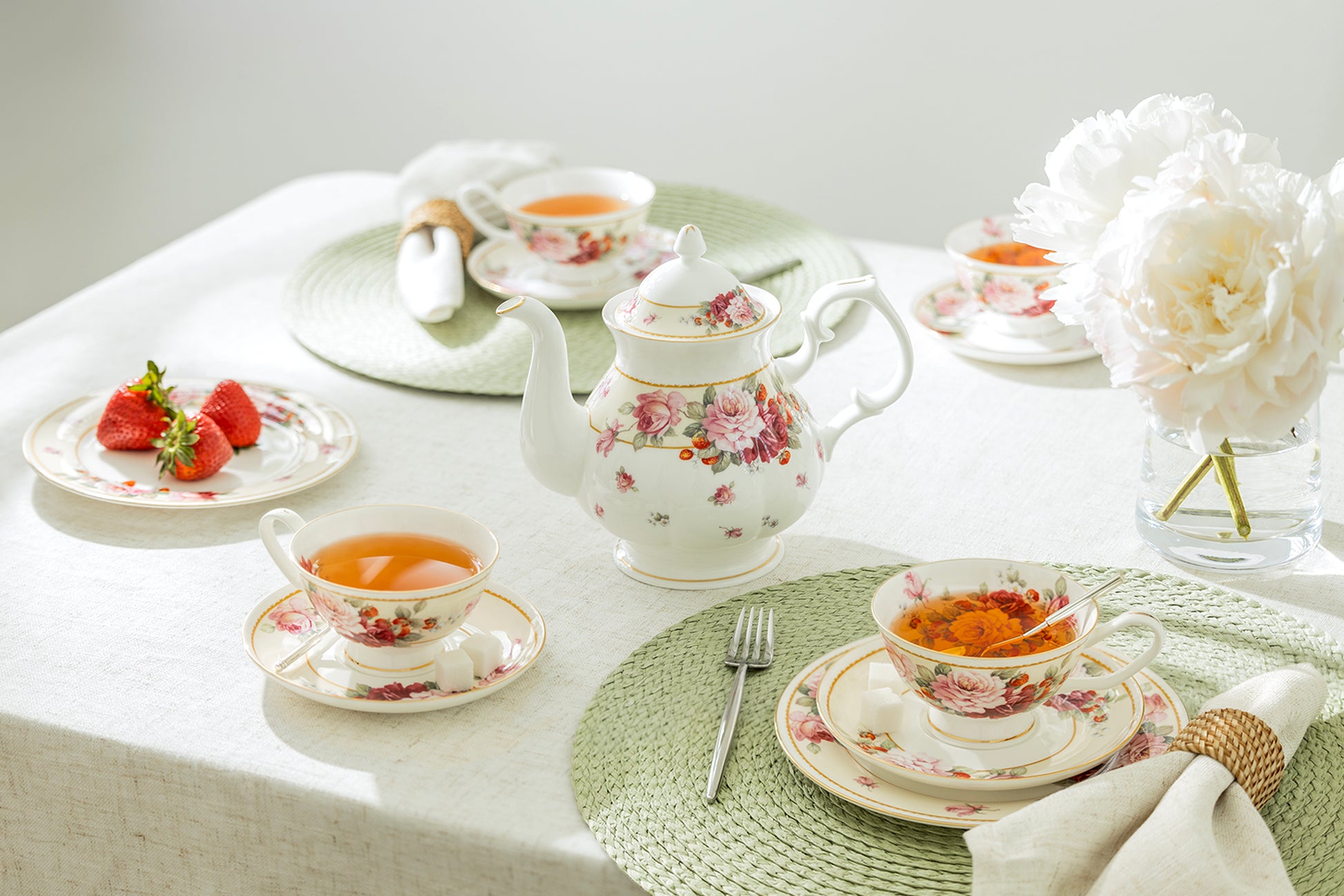 Gracie Bone China Peony and Strawberry Cream Bone China 9-Piece Tea Set