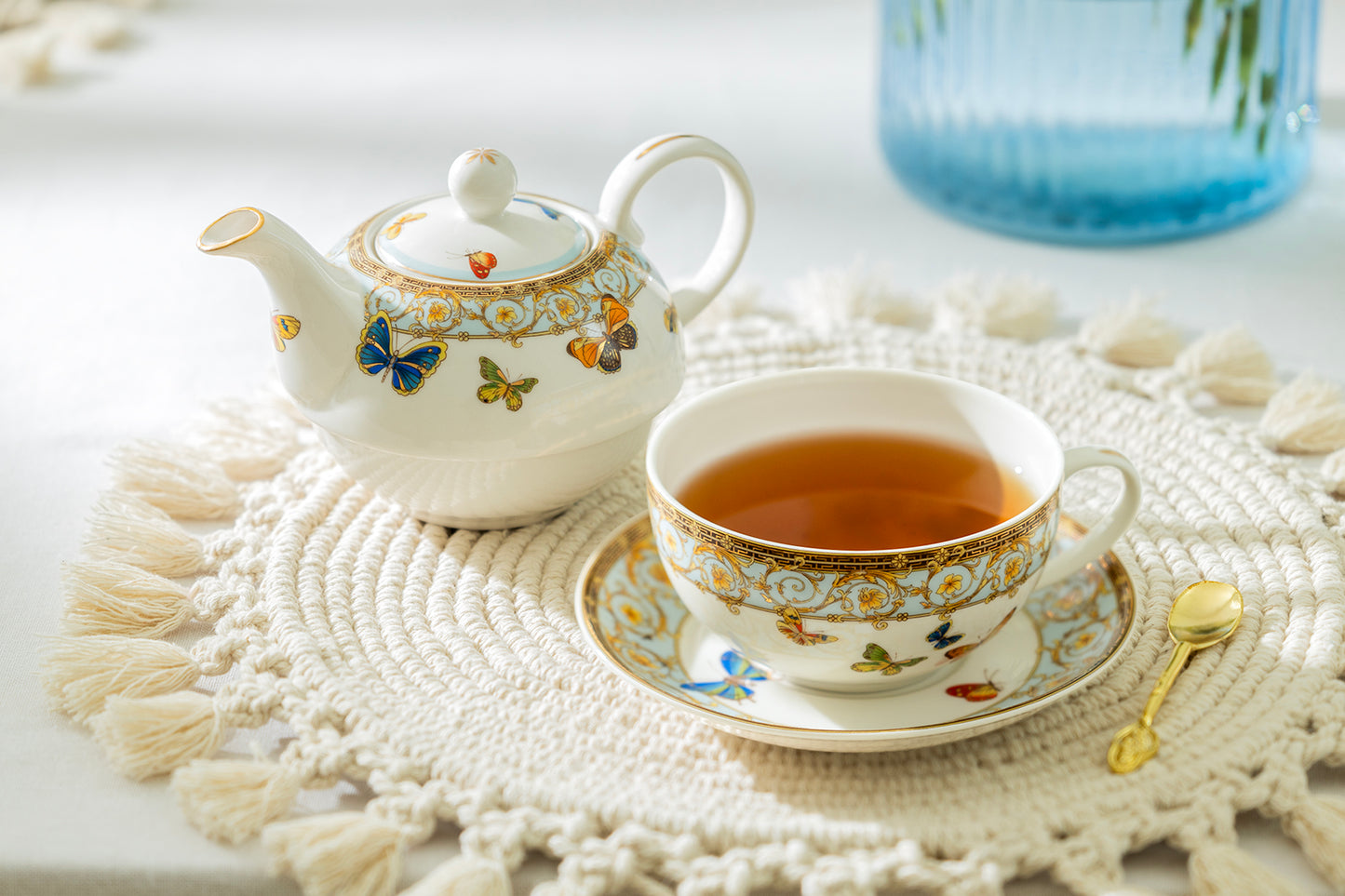 Butterflies with Blue Ornament Fine Porcelain Tea For One Set