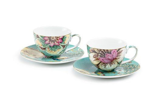 Peacock Lotus Garden Green Fine Porcelain Assorted Cup and Saucer Sets