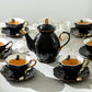 Black Gold Scallop Teapot + 6 Assorted Halloween Tea Cup and Saucer Sets - Ver. B Cat, Raven, Snake, Spider, ouija, witchy crystal ball tea cups