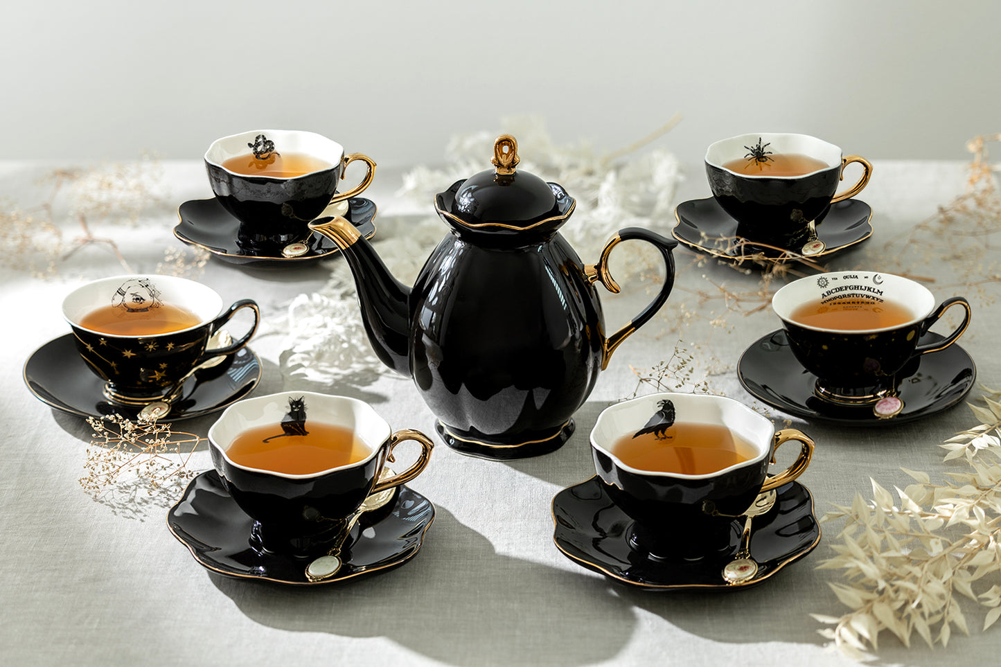 Black Gold Scallop Teapot + 6 Assorted Halloween Tea Cup and Saucer Sets - Ver. B Cat, Raven, Snake, Spider, ouija, witchy crystal ball tea cups