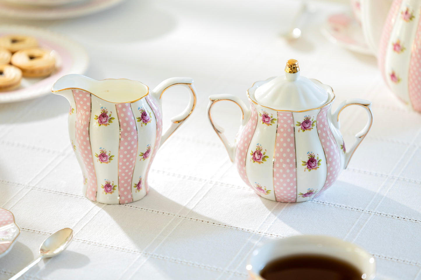 Pink Polka Dot Rosebud Scallop Fine Porcelain Tea Set