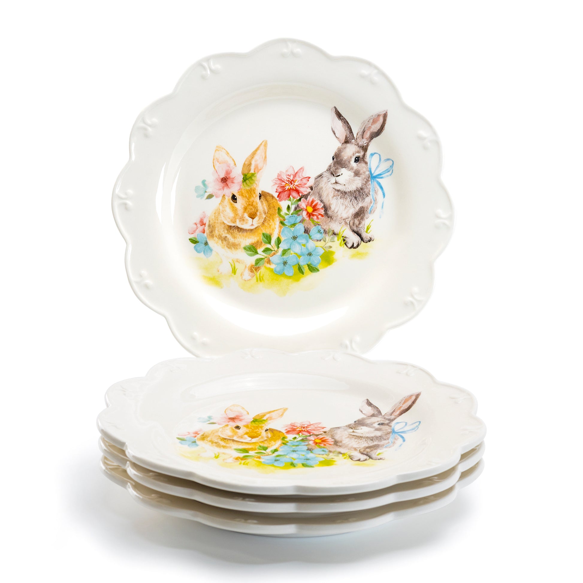 Grace Teaware Flower Bunny Scallop Pottery Dinner Plate set of 4