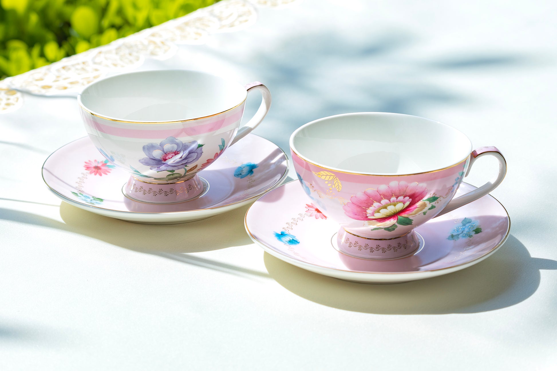 Grace Teaware Pink Flower Garden Fine Porcelain Cup and Saucer Set of 2