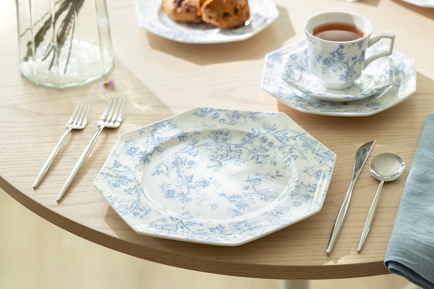 Blue Rose Octagonal Fine Porcelain Dessert/Dinner Plate