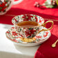 Gracie Bone China Poinsettia Chintz Gold Bone China Holiday Christmas Tea Cup and Saucer