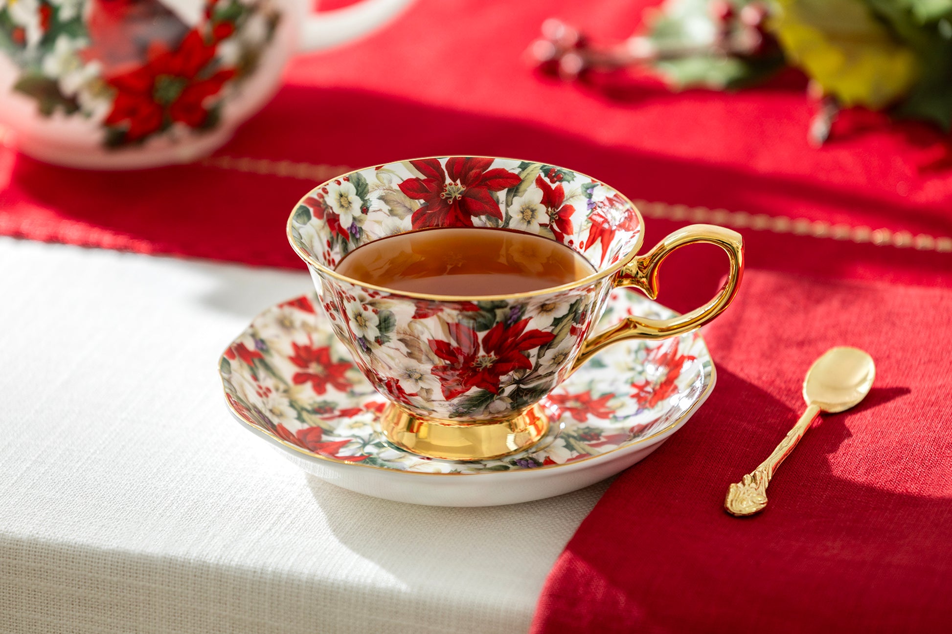 Gracie Bone China Poinsettia Chintz Gold Bone China Holiday Christmas Tea Cup and Saucer