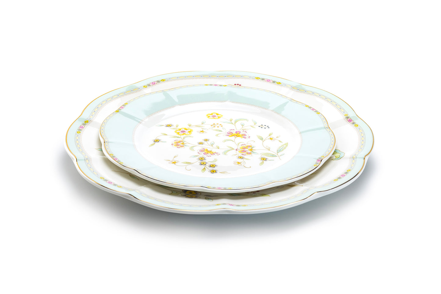 Yellow Corn Flowers with Mint Rim Fine Porcelain Dessert / Dinner Plate