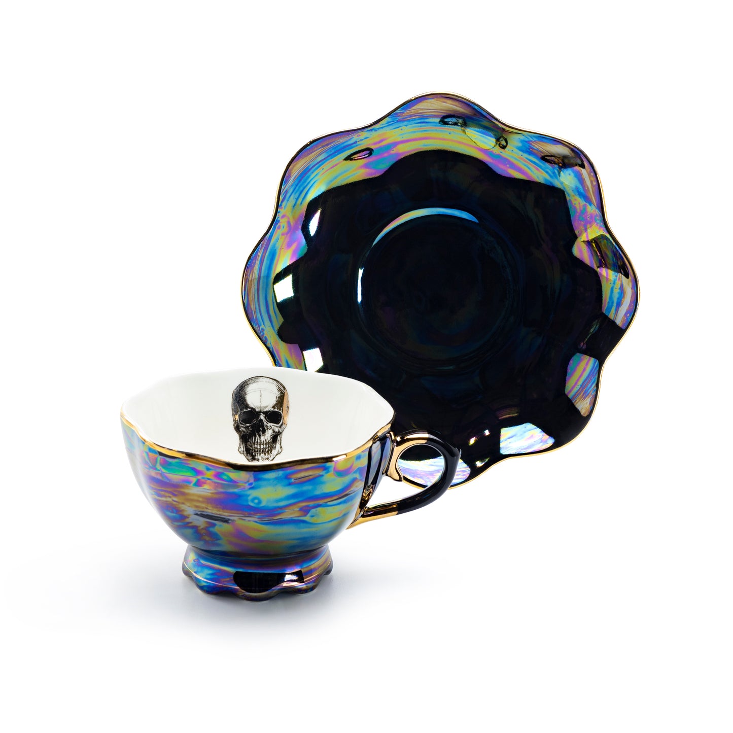 Grace Teaware Halloween Skull Black Gold Luster Fine Porcelain Tea Cup and Saucer set