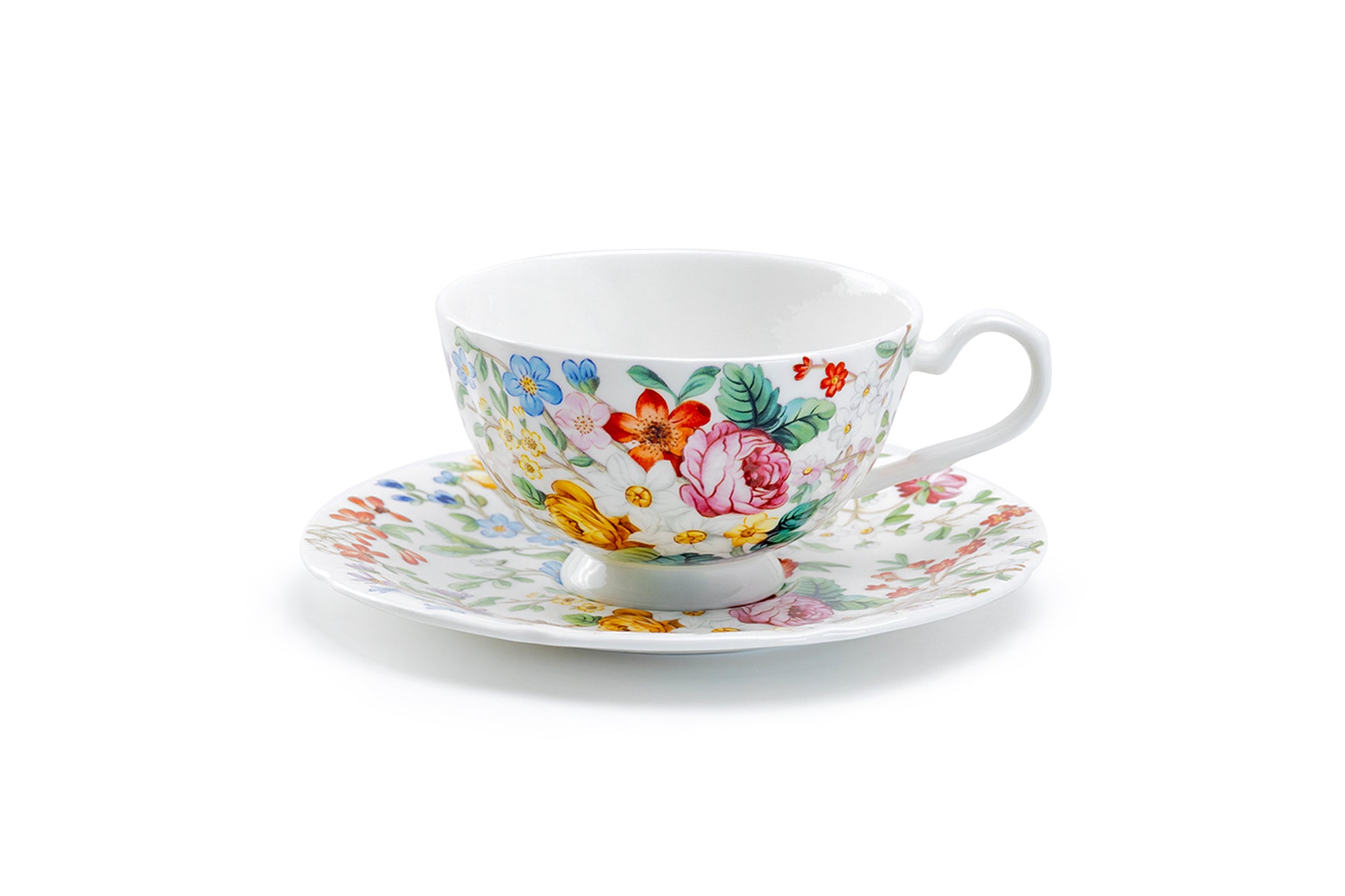 Stechcol Gracie Bone China Lismore Rose Garden Bone China Tea Cup and Saucer