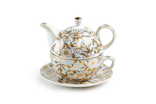 Blue & Gold Daisy Fine Porcelain Tea For One Set with Pink Gift Box