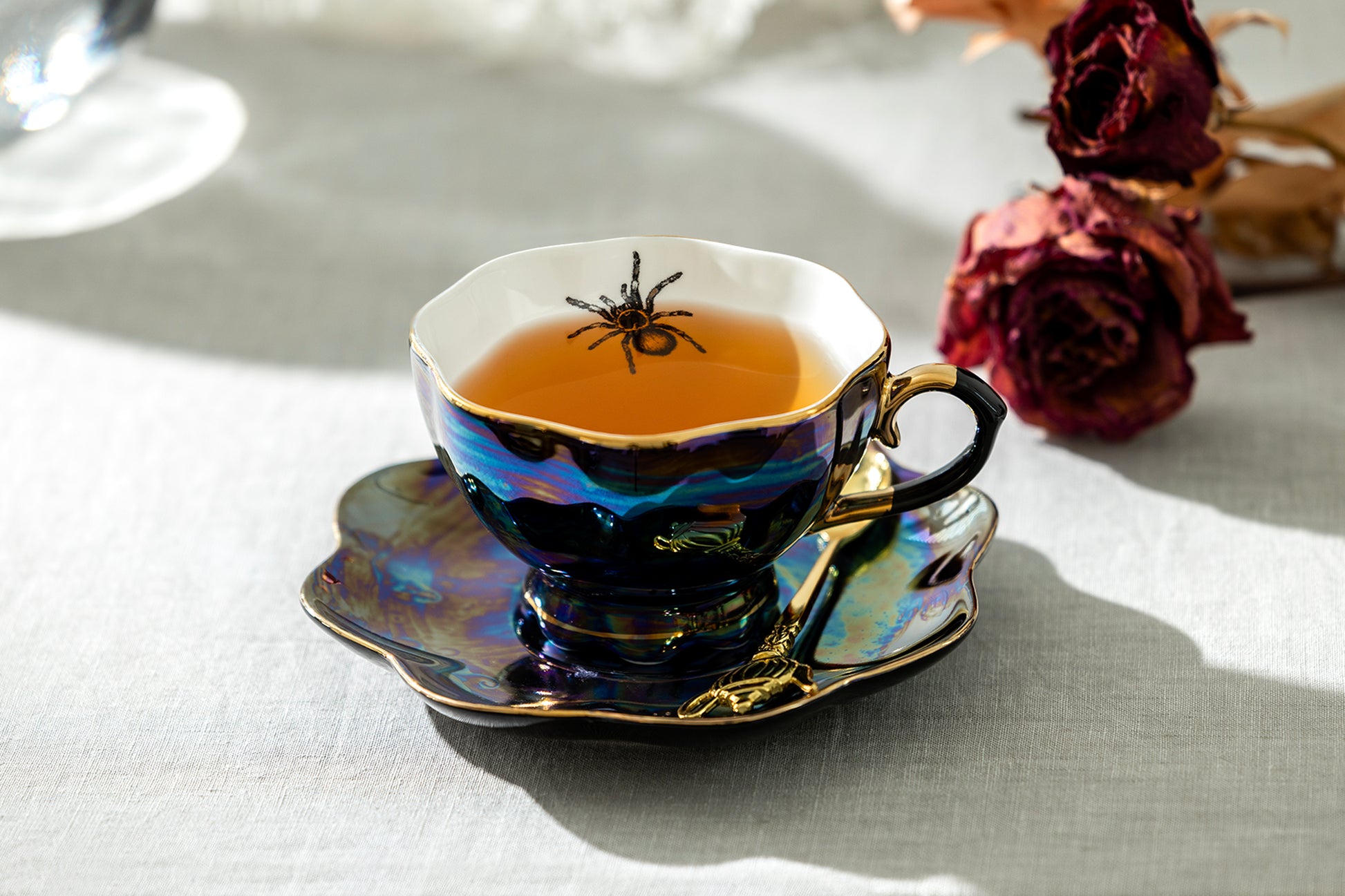 Grace Teaware Spider Black Gold Luster Fine Porcelain Tea Cup and Saucer set