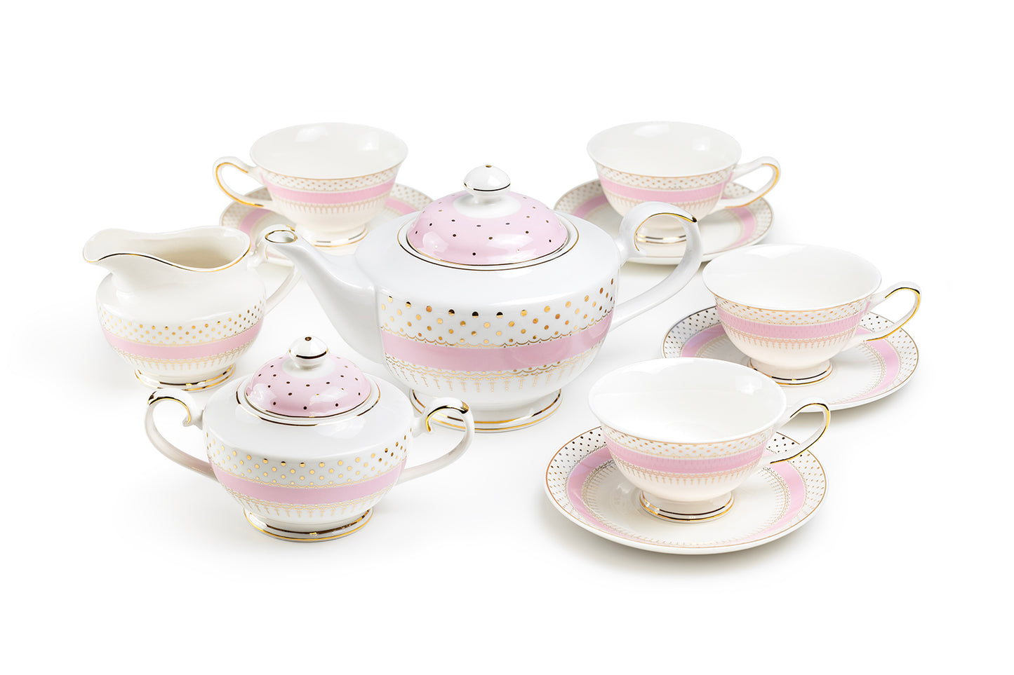 Pink Stripe with Gold Dots Fine Porcelain Tea Set