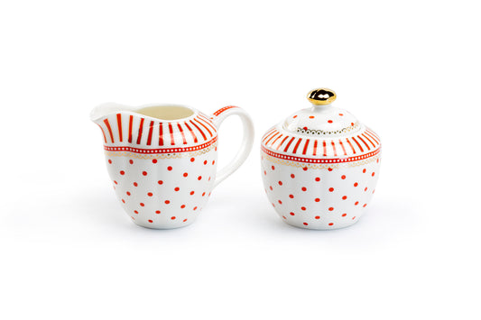 Grace Teaware Red Josephine Stripes and Dots Fine Porcelain Sugar & Creamer Set