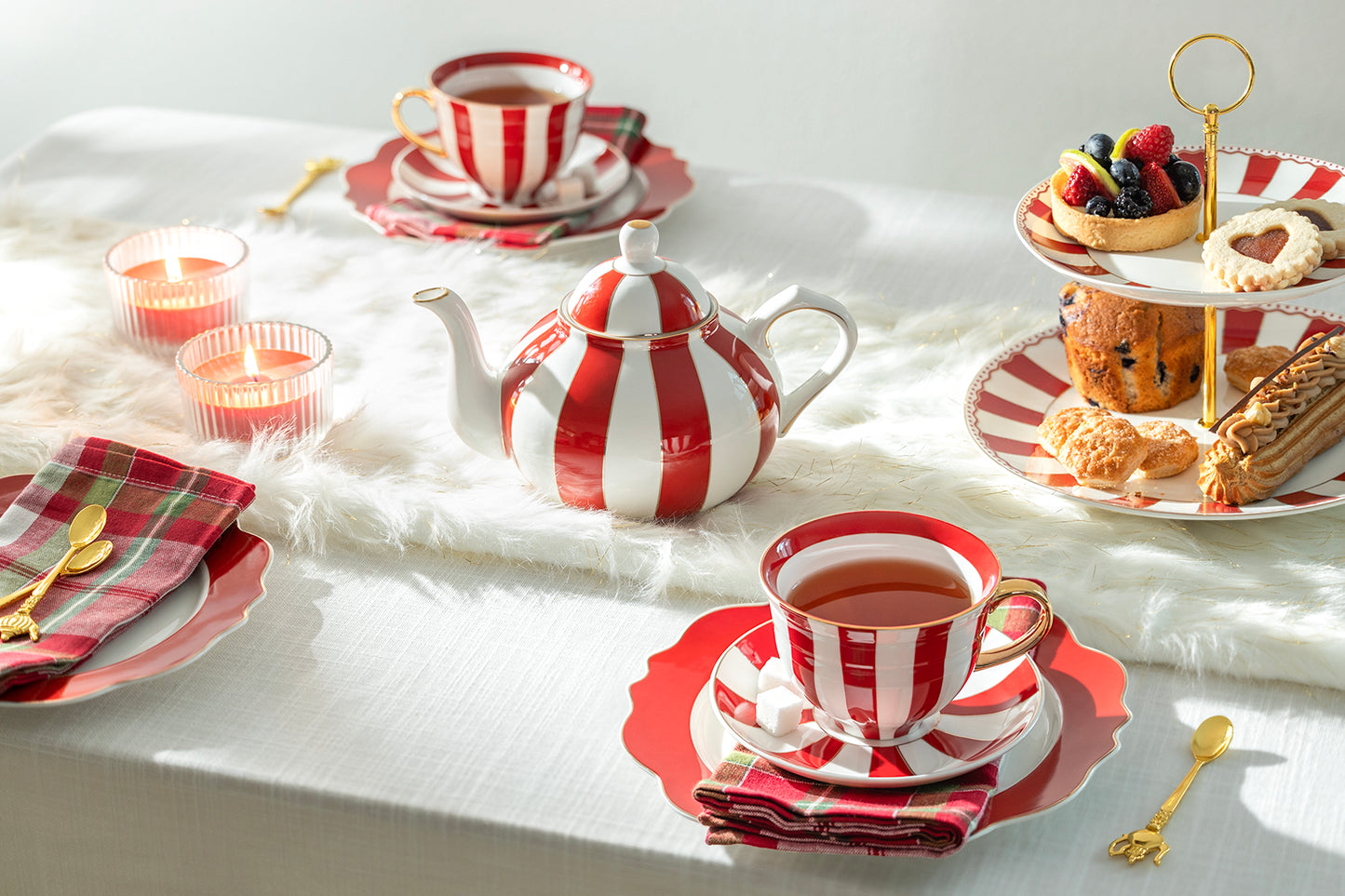 Red Carousel Stripes Fine Porcelain 5-Piece Tea Set