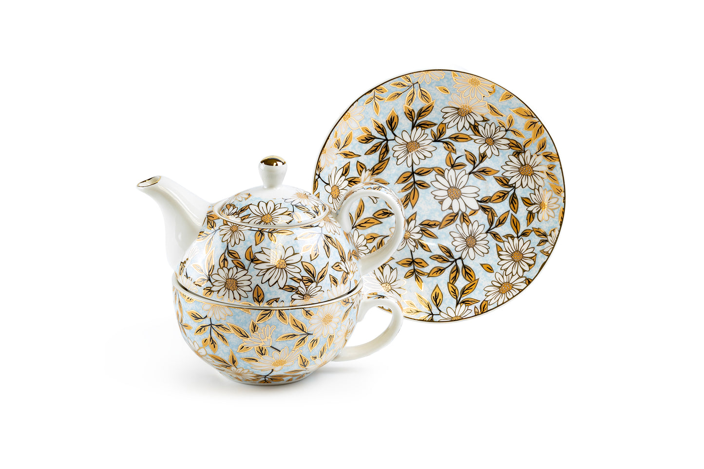 Blue & Gold Daisy Fine Porcelain Tea For One Set with Pink Gift Box