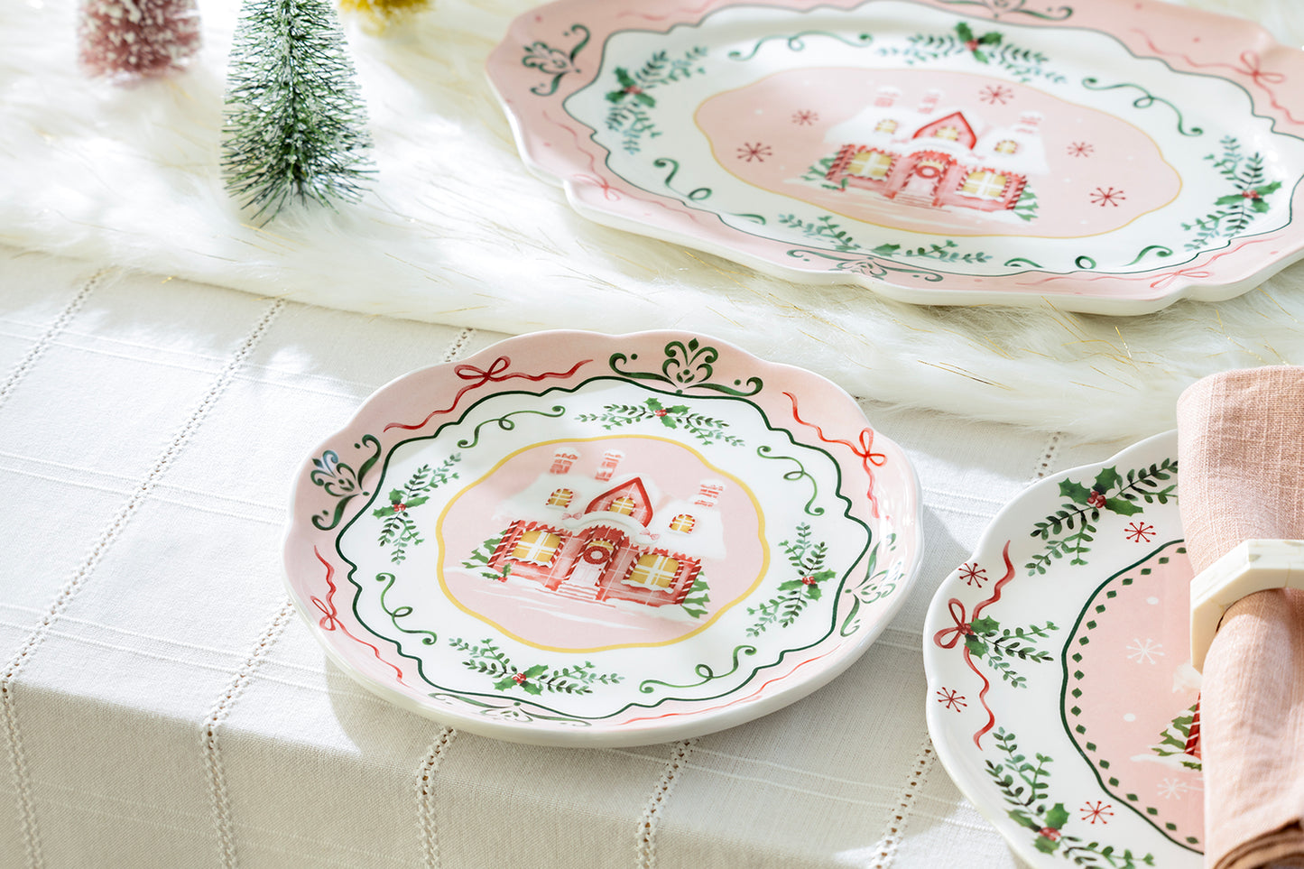 Christmas House Pink Dessert/Dinner Plate