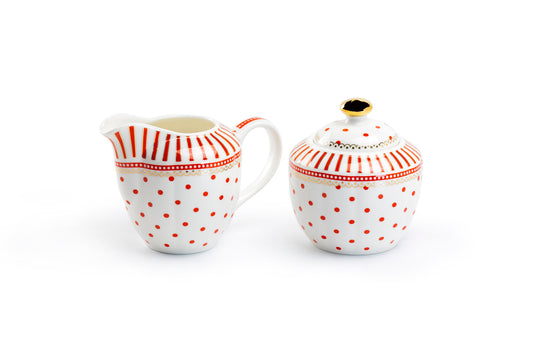 Grace Teaware Red Josephine Stripes and Dots Fine Porcelain Sugar & Creamer Set