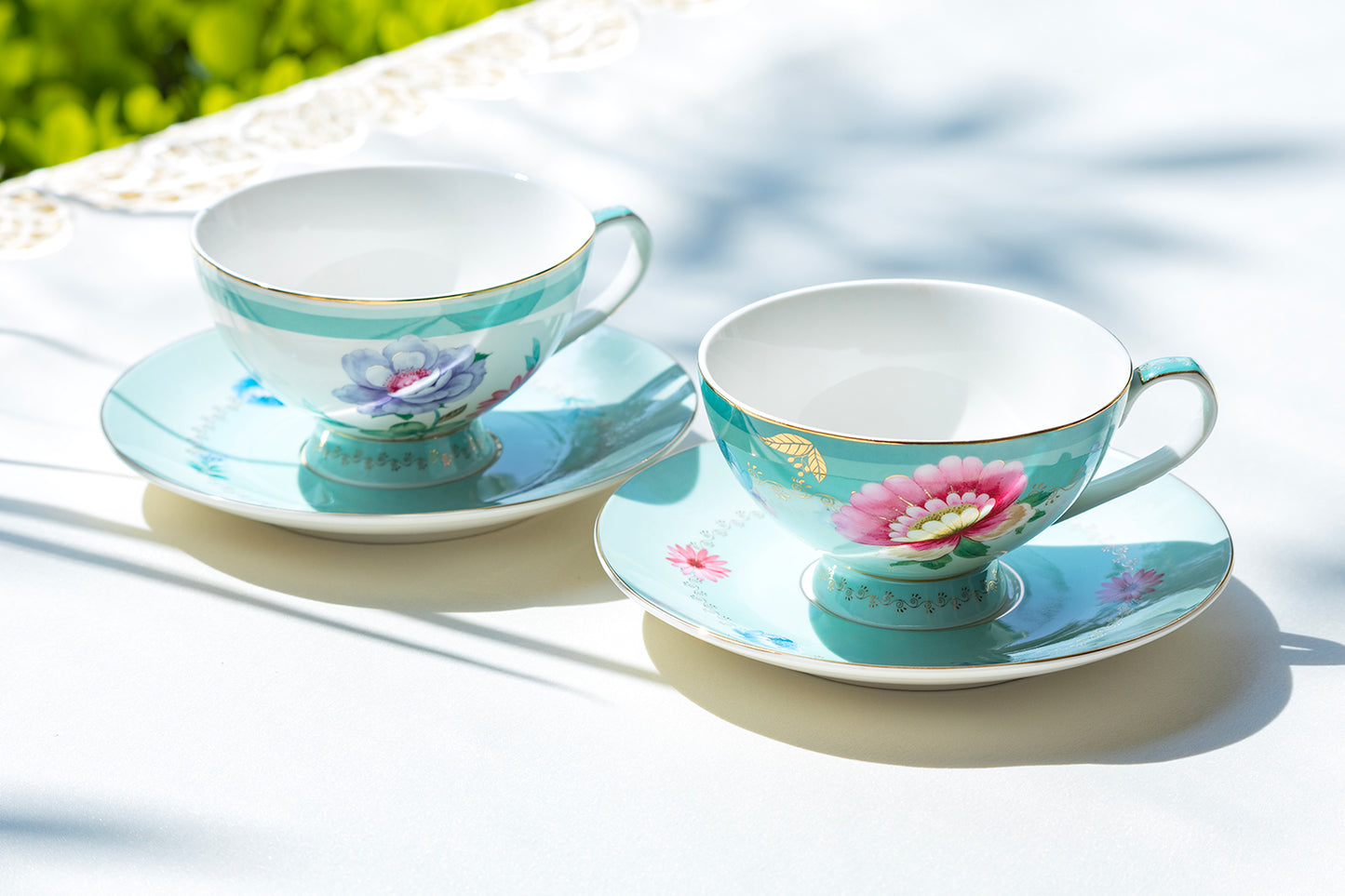 Grace Teaware Mint Flower Garden Fine Porcelain Cup and Saucer Set of 2
